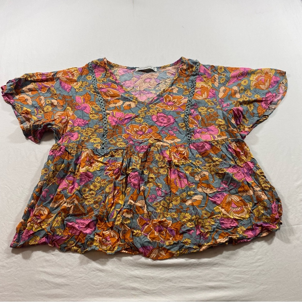 RusttyDustty Floral Top Cropped Boho boxy V-Neck short sleeve empire waist